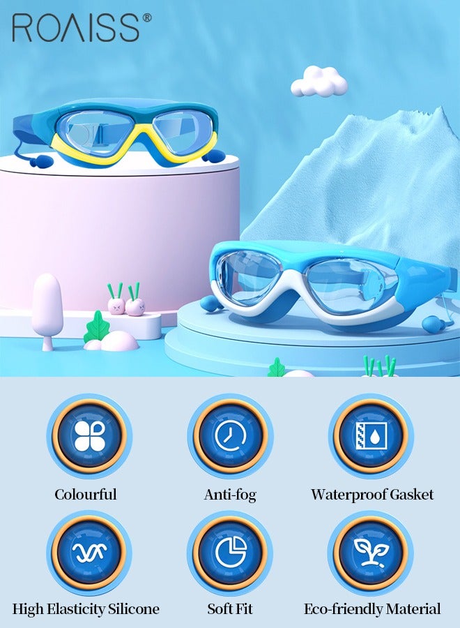 roaiss 2 Pcs Kids Swim Goggles Set, Waterproof Anti-fog Swimming Goggles with Integrated Earplugs, Clear Vision Pool Goggles for Boys Girls Age 3-15 Youth, Blue and Yellow  - Image 3