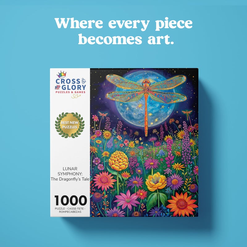 Cross & Glory - 1000 Piece Jigsaw Puzzle for Adults | Lunar Symphony: The Dragonflyâ€™s Tale | Best New Enchanted Nature Puzzle | Vibrant Nighttime Artwork| 20x27 Inches | Flower Puzzle - Image 2