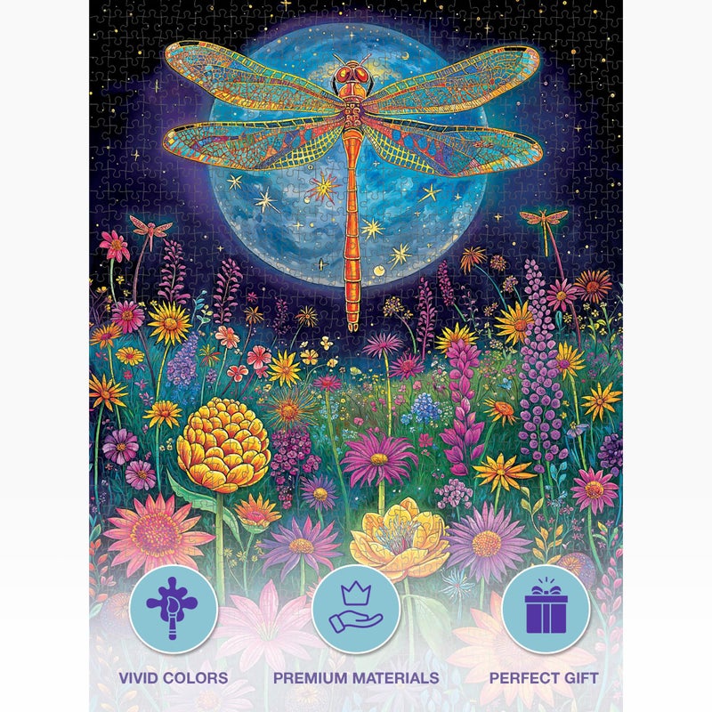 Cross & Glory - 1000 Piece Jigsaw Puzzle for Adults | Lunar Symphony: The Dragonflyâ€™s Tale | Best New Enchanted Nature Puzzle | Vibrant Nighttime Artwork| 20x27 Inches | Flower Puzzle - Image 5