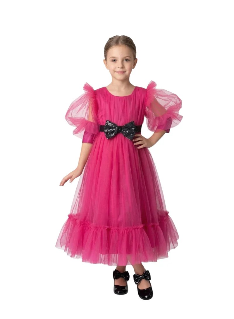 Bidani Hot Pink Puff Sleeve Formal Dress with Glitter Bow