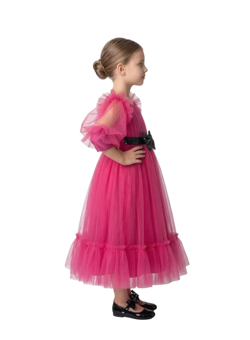 Bidani Hot Pink Puff Sleeve Formal Dress with Glitter Bow