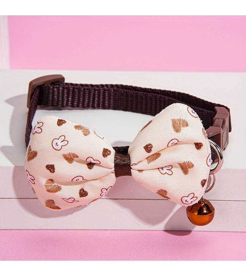 One Size White Heart Pet Cat Collar With Bow Removable Bell for Small Medium Cats - Image 1