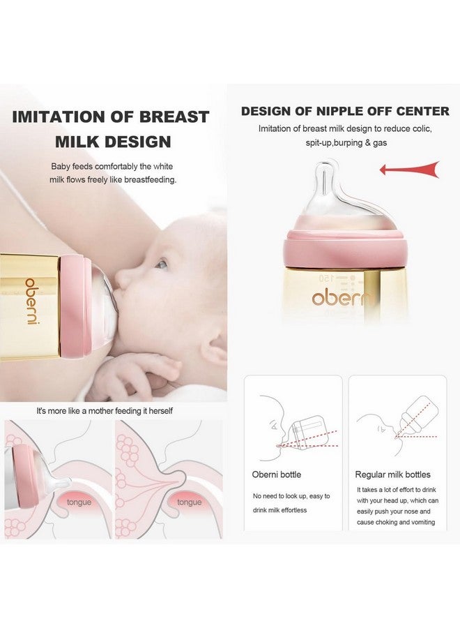 Oberni PPSU Baby Bottles, Anti Colic Breastfeeding Bottles with Natural Response Nipples, Wide Neck Baby Bottle for Babies, Newborn 0-6 Months, BPA Free-Off-Centered Nipple-Size S(5 Ounce, Pink, PPSU) - Image 2