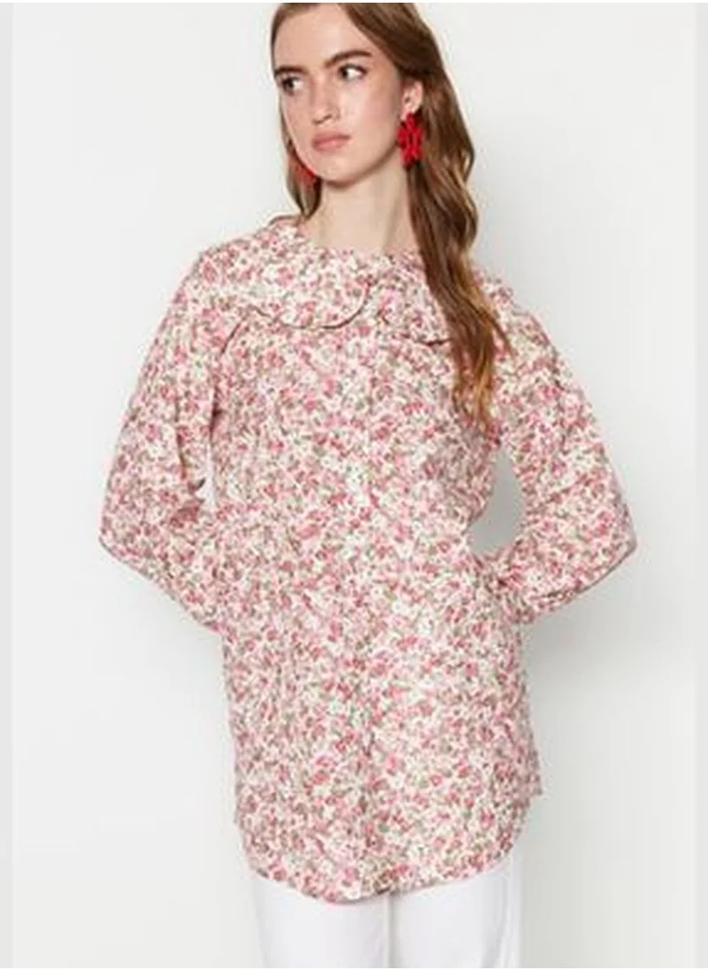 trendyol Crispy Floral Patterned woven Shirt with a baby pink collar