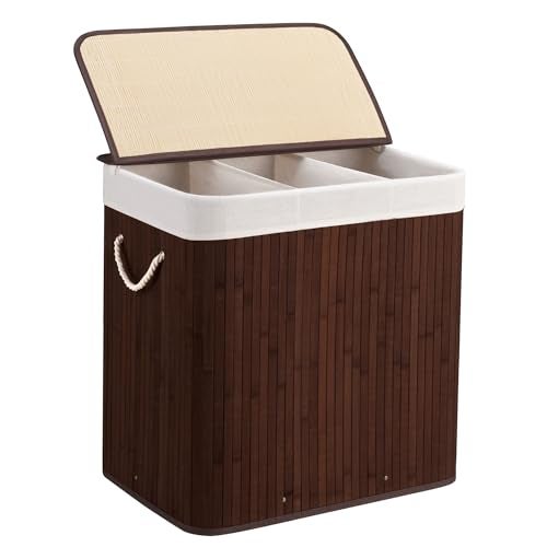 Aliphon 150L Laundry Hamper with lid, 3-Section Clothes Laundry Basket with Handles, Large Collapsible Bamboo Baskets for Bedroom, Bathroom, Dorm, Brown - Image 1