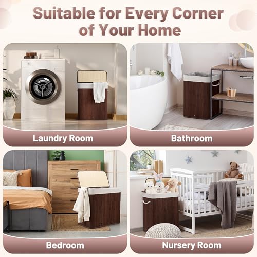 Aliphon 150L Laundry Hamper with lid, 3-Section Clothes Laundry Basket with Handles, Large Collapsible Bamboo Baskets for Bedroom, Bathroom, Dorm, Brown - Image 4