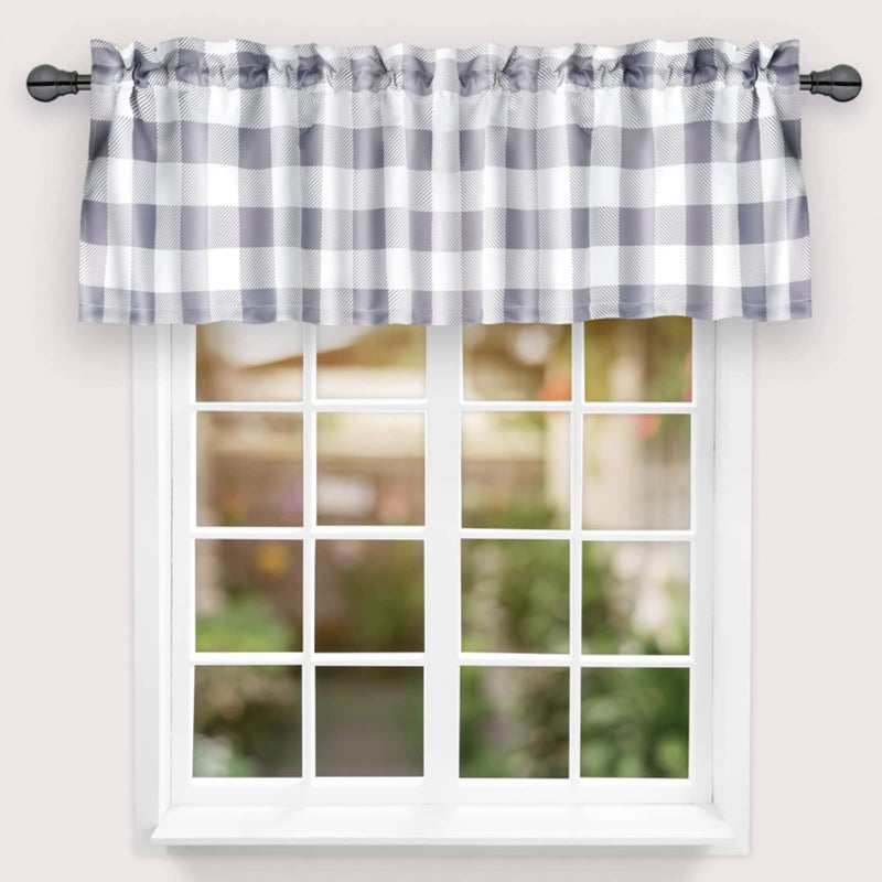 Simple Deluxe Buffalo Check Kitchen Valances for Windows Plaid Curtain Valance for Kitchen Farmhouse Living Room Bedroom Rod Pocket Curtain Valance 52 W x 15 L White and Gray