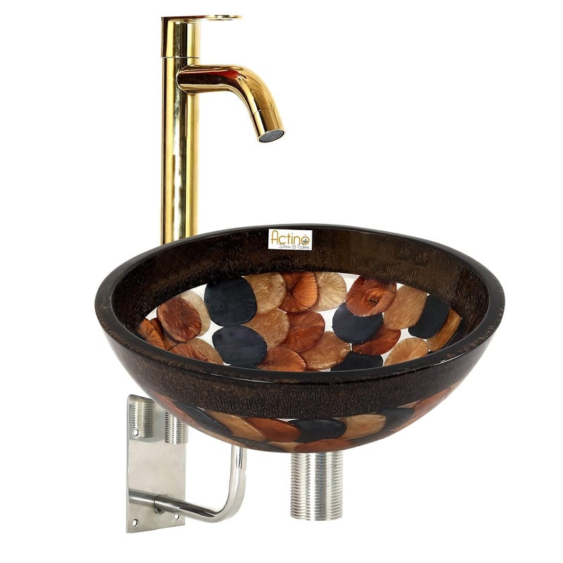 ACTINO DECOR & SHINE ACTINO DECOR SHINE Resin Round Designer Wash Basin Countertop Tabletop For Living Room Hotel Lobby Bathroom Basins Living RoomVesselSinkWash Basin Brown Multicolor_12 x 12 - Image 1