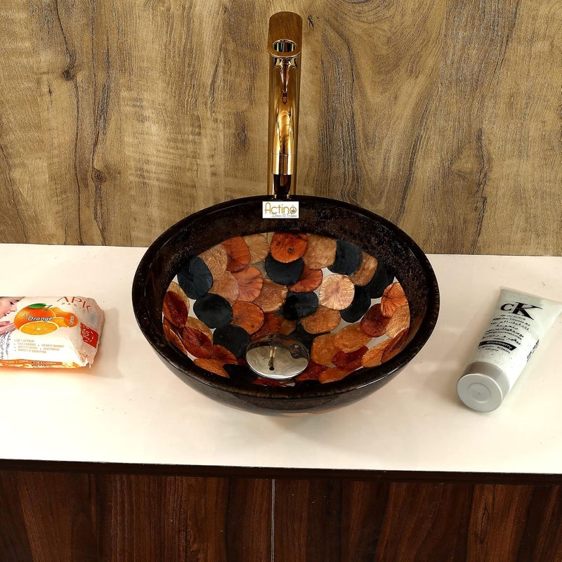 ACTINO DECOR & SHINE ACTINO DECOR SHINE Resin Round Designer Wash Basin Countertop Tabletop For Living Room Hotel Lobby Bathroom Basins Living RoomVesselSinkWash Basin Brown Multicolor_12 x 12 - Image 3