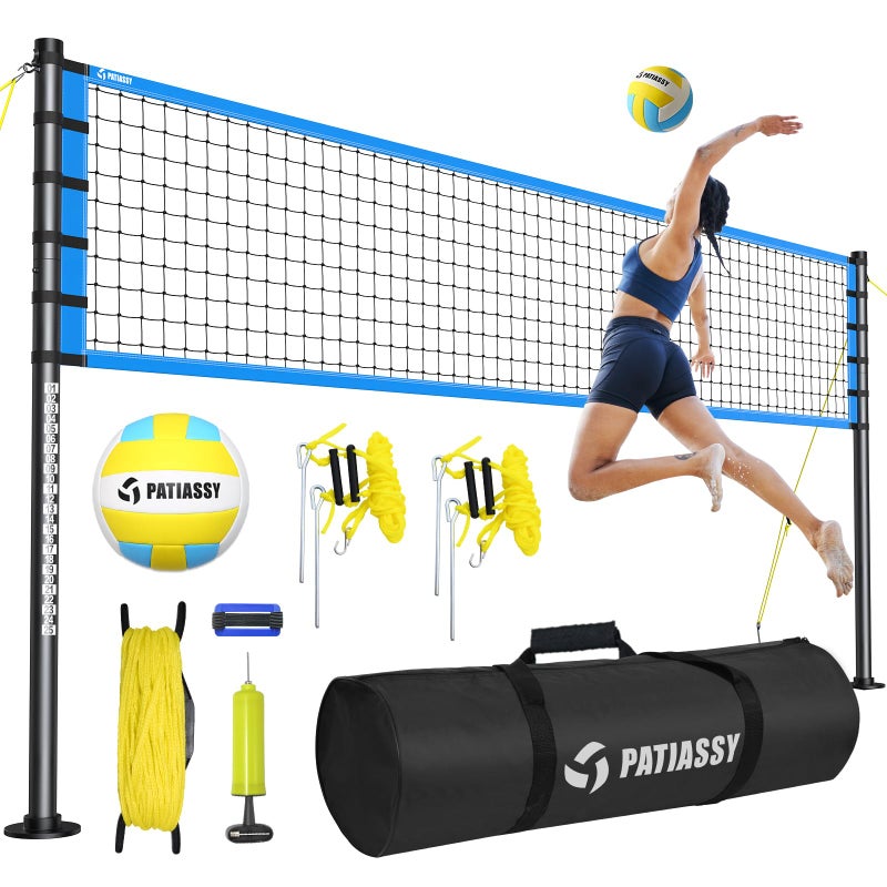 Portable Volleyball Net Set for Backyard Beach Outdoor Regulation Size HeightAdjustable Poles PU Volleyball with Pump Carrying BagBlue