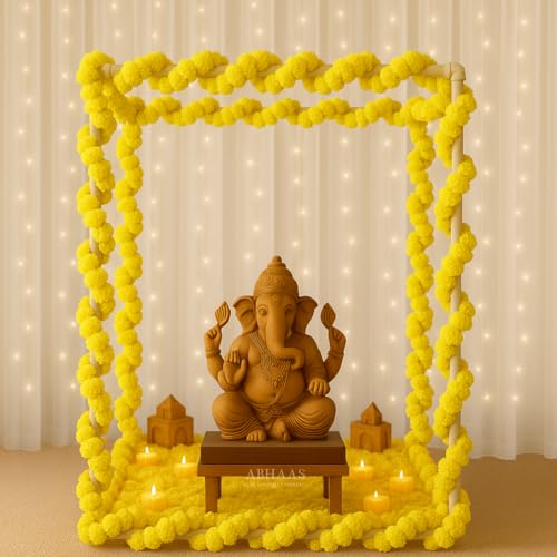 Abhaas Pooja Decoration DIY Mandap Tent Pandal with 5Pcs Marigold Garlands for Ganesh Chaturthi Home Decor Cubical Mandap | Ganesh Chaturthi/Durga Pooja (25Pcs) (Yellow, 16Inch Cube) - Image 1