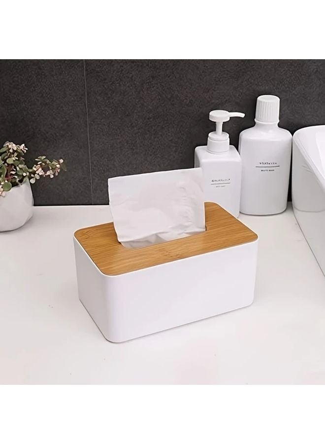 حامل علبة المناديل الأبيض الحديث بغطاء من الخيزران، سادة بلاستيكي بسيط - Image 5