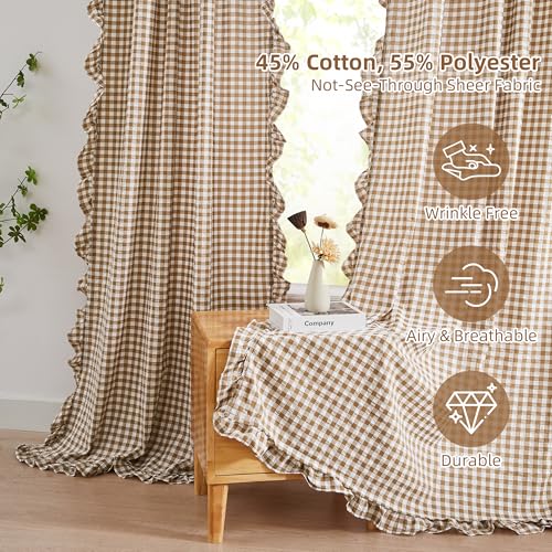 ZJDECOR Brown White Buffalo Plaid Curtains 84 Inches Long,Cottage Ruffle Not-See-Through Sheer Crinkle Drapes,Farmhouse Window Treatment for Nursery Bedroom Living Room,Rod Pocket,40"Wx84"L(Pack of 2） - Image 2