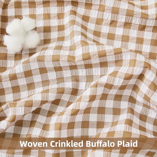 ZJDECOR Brown White Buffalo Plaid Curtains 84 Inches Long,Cottage Ruffle Not-See-Through Sheer Crinkle Drapes,Farmhouse Window Treatment for Nursery Bedroom Living Room,Rod Pocket,40"Wx84"L(Pack of 2） - Image 3
