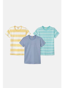 Tchibo Kids Boy 3 Pieces Round Neck Stripe T-shirt, Mint and Blue and Yellow  - Image 5