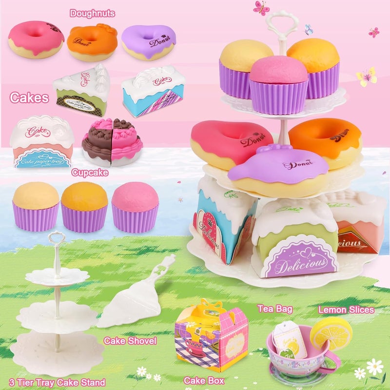 PRE-WORLD Tea Set for Little Girls, 50PCS Princess Tea Party Time Toy Including Dessert,Cookies,Doughnut,Teapot Tray Cake, Tablecloth & Carrying Case,Kids Kitchen Pretend Play for Girls Boys Age 3-6 - Image 5