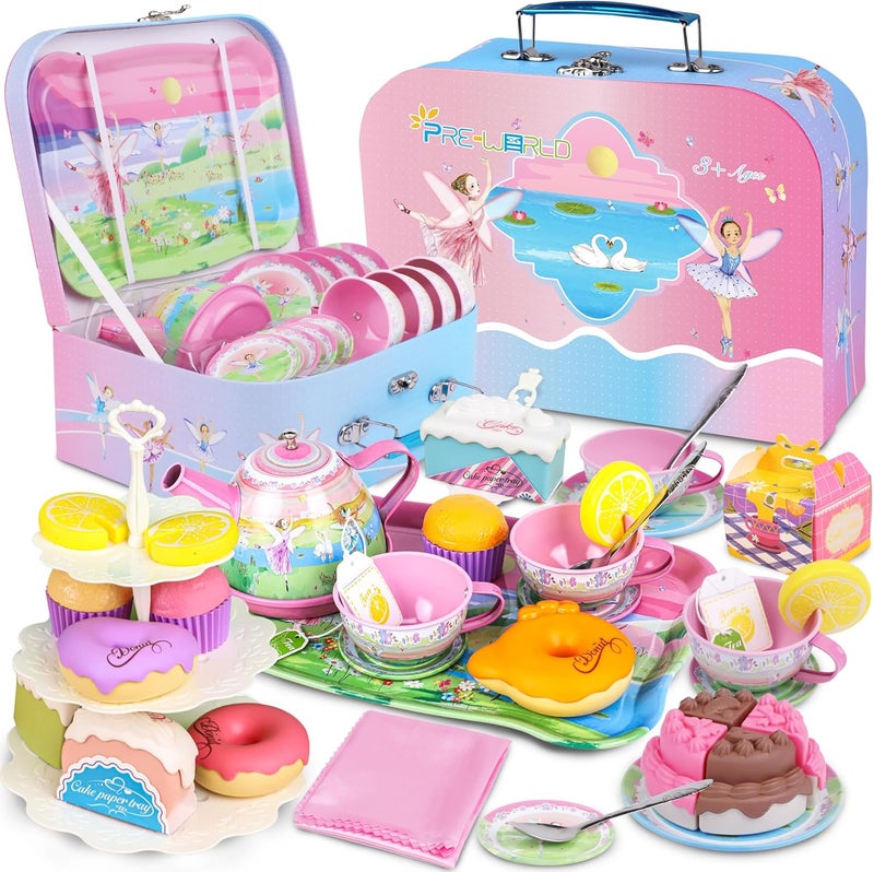 PRE-WORLD Tea Set for Little Girls, 50PCS Princess Tea Party Time Toy Including Dessert,Cookies,Doughnut,Teapot Tray Cake, Tablecloth & Carrying Case,Kids Kitchen Pretend Play for Girls Boys Age 3-6 - Image 1