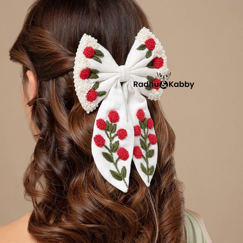 Radhu & Kabby Radhu Kabby Handmade Embroidered Hair Bow Clip for Girls Women Elegant White Bow with Red Floral Detailing Soft Grip AntiHair Fall Lightweight Suitable for All Hair Types 1 Pc - Image 3