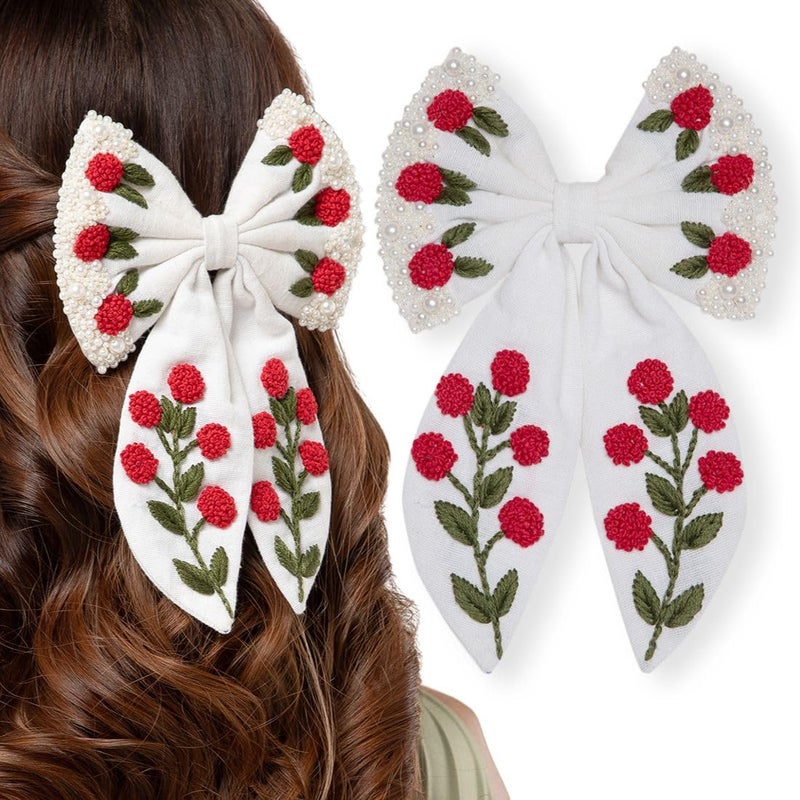 Radhu & Kabby Radhu Kabby Handmade Embroidered Hair Bow Clip for Girls Women Elegant White Bow with Red Floral Detailing Soft Grip AntiHair Fall Lightweight Suitable for All Hair Types 1 Pc - Image 1