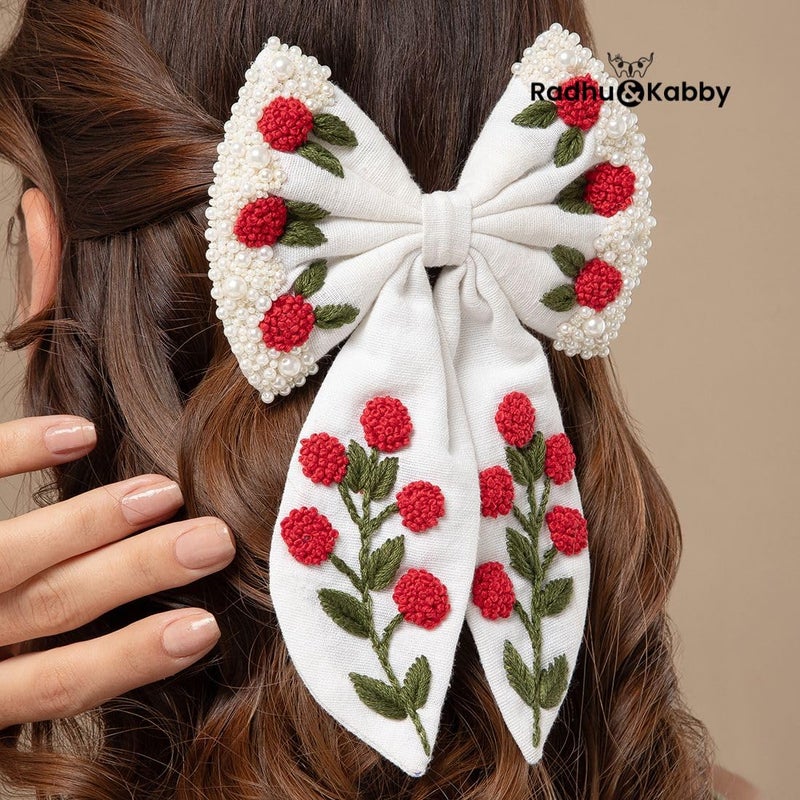 Radhu & Kabby Radhu Kabby Handmade Embroidered Hair Bow Clip for Girls Women Elegant White Bow with Red Floral Detailing Soft Grip AntiHair Fall Lightweight Suitable for All Hair Types 1 Pc - Image 4