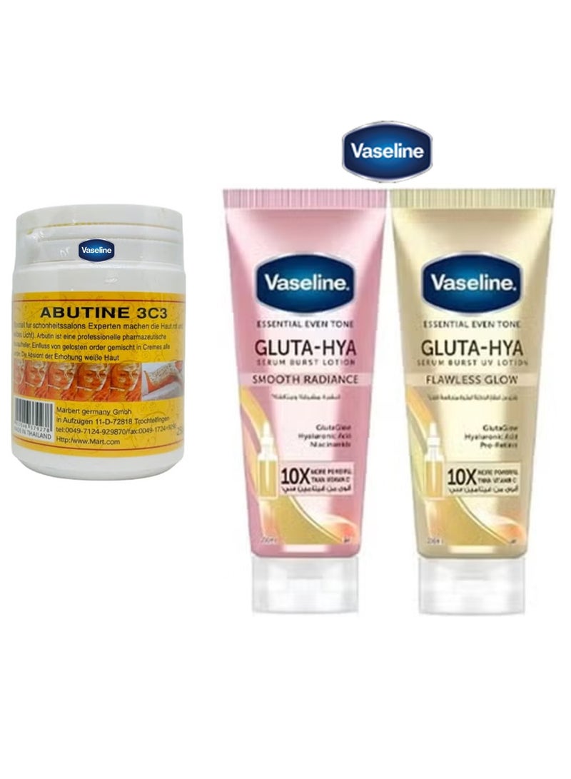 Vaseline Gluta-Hya Serum Burst Lotion Smooth Radiance & Gluta-Hya Serum Burst Lotion (Smooth Radiance / Flawless Glow) & Abutine 3c3 Skin Whitening Body Cream 250gm