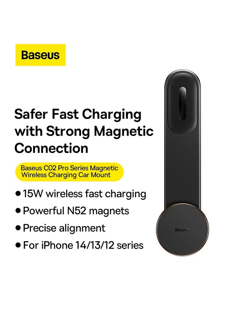بيسوس C02 Pro حامل هاتف لاسلكي مغناطيسي بقدرة 15 وات، حامل هاتف Magsafe للسيارة، شاحن لاسلكي، ذاكرة قابلة للانحناء، سبائك التيتانيوم لجميع لوحات القيادة، الزجاج الأمامي أسود - Image 2