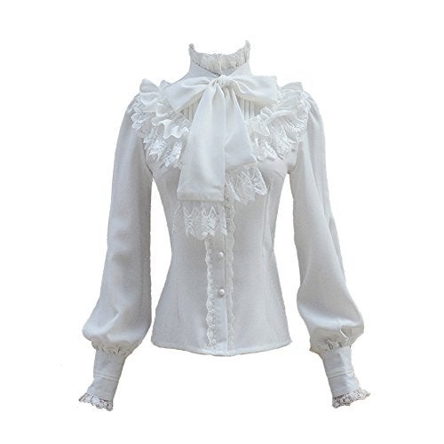 Smiling Angel Chiffon Ruffle Lace Bow Tie Vintage Gothic Lolita Casual Shirt Blouse White - Image 4