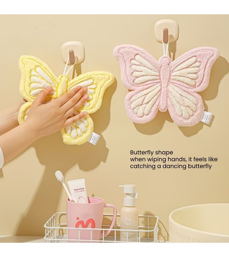 Pink Butterfly Shape Hanging Thick Coral Fleece Towel Quick Drying Skin Friendly Fine Texture For Kitchen And Bathroom Use - Image 2
