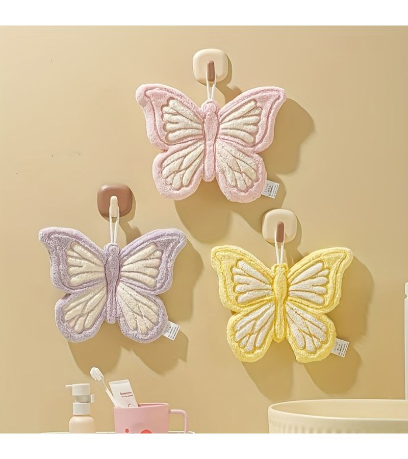 Pink Butterfly Shape Hanging Thick Coral Fleece Towel Quick Drying Skin Friendly Fine Texture For Kitchen And Bathroom Use - Image 5