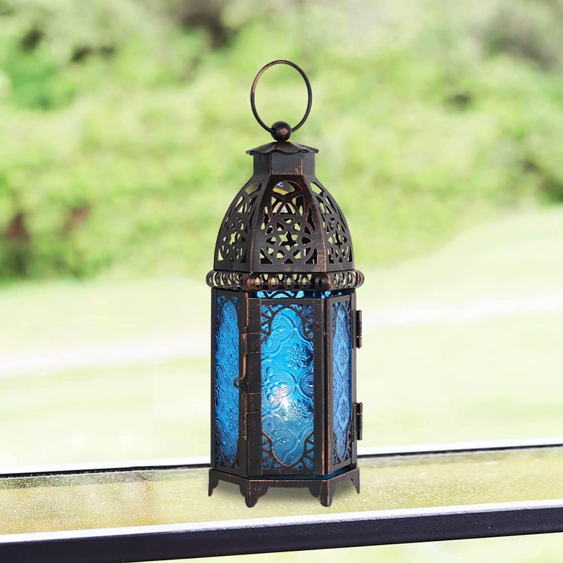 DECORKEY Christmas Lanterns Decorations Indoor & Outdoor, 11â€™â€™ Medium Size Vintage Metal Hanging&Tabletop Candle Holder Decor, Halloween Ramadan Decorations for Home Porch Patio(Blue) - Image 4