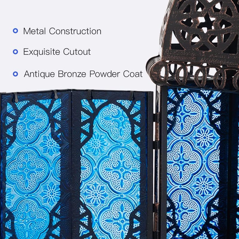 DECORKEY Christmas Lanterns Decorations Indoor & Outdoor, 11â€™â€™ Medium Size Vintage Metal Hanging&Tabletop Candle Holder Decor, Halloween Ramadan Decorations for Home Porch Patio(Blue) - Image 5