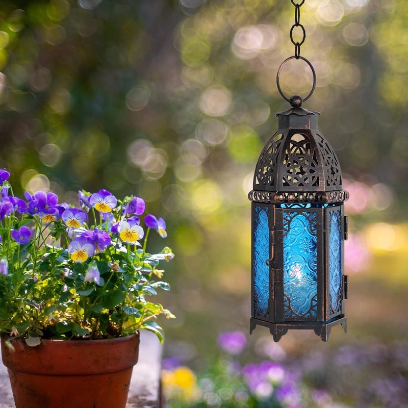 DECORKEY Christmas Lanterns Decorations Indoor & Outdoor, 11â€™â€™ Medium Size Vintage Metal Hanging&Tabletop Candle Holder Decor, Halloween Ramadan Decorations for Home Porch Patio(Blue) - Image 2