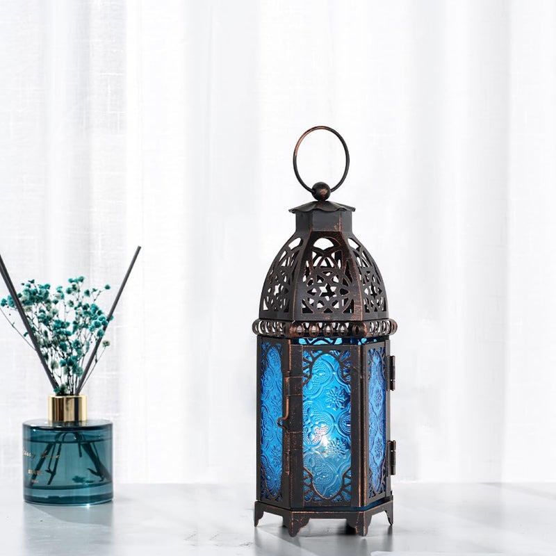 DECORKEY Christmas Lanterns Decorations Indoor & Outdoor, 11â€™â€™ Medium Size Vintage Metal Hanging&Tabletop Candle Holder Decor, Halloween Ramadan Decorations for Home Porch Patio(Blue) - Image 3