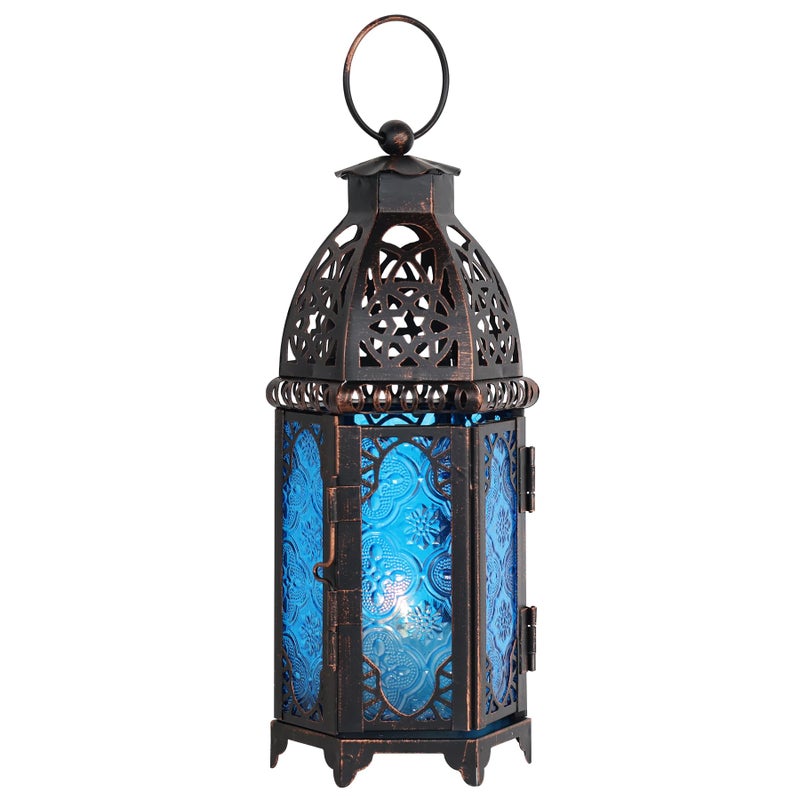 DECORKEY Christmas Lanterns Decorations Indoor & Outdoor, 11â€™â€™ Medium Size Vintage Metal Hanging&Tabletop Candle Holder Decor, Halloween Ramadan Decorations for Home Porch Patio(Blue) - Image 1