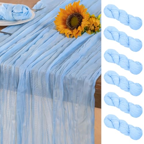 DeZerlor Baby Blue Cheesecloth Table Runner 6 Pack Fall Table Runners Boho Gauze 120 Inches Light Blue Cheese Cloth Fall Table Decorations for Thanksgiving Wedding Bridal Baby Boy Shower Party - Image 1