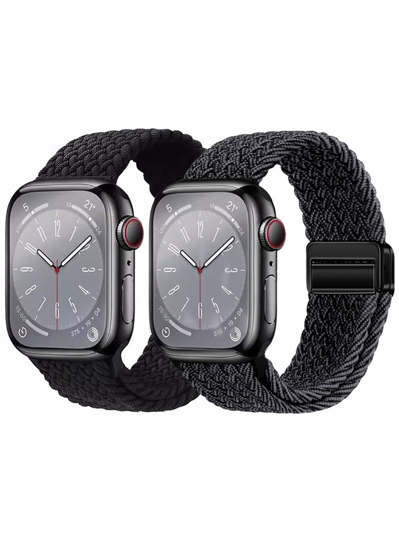 حزمة 2 قطعة من سوار مغناطيسي مضفر متوافق مع ساعة آبل، لقياس 38 مم 40 مم 41 مم 42 مم، حزام رياضي ناعم قابل للتعديل لسلسلة iWatch 11 10 9 8 7 6 5 4 3 SE Ultra، أسود/رمادي - Image 1