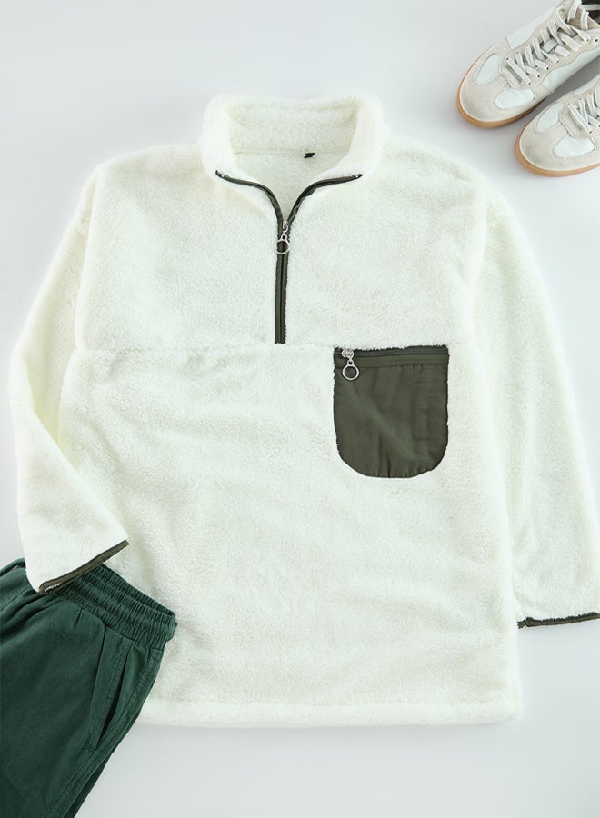 Plush Oversize Sweatshirt - Ecru, Zipper Collar and Pocket Detail