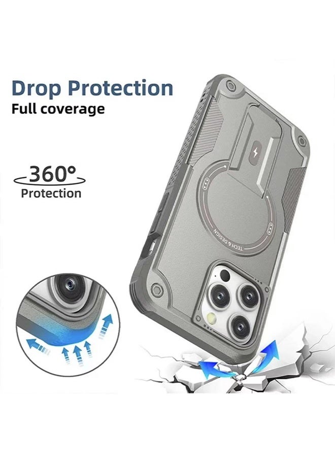 iPhone 15 Pro Max case，with built-in stand, compatible with MagSafe technology, featuring shock resistance, capable of installing vertical and horizontal support rods, suitable for phone cases  - Gray - Image 2
