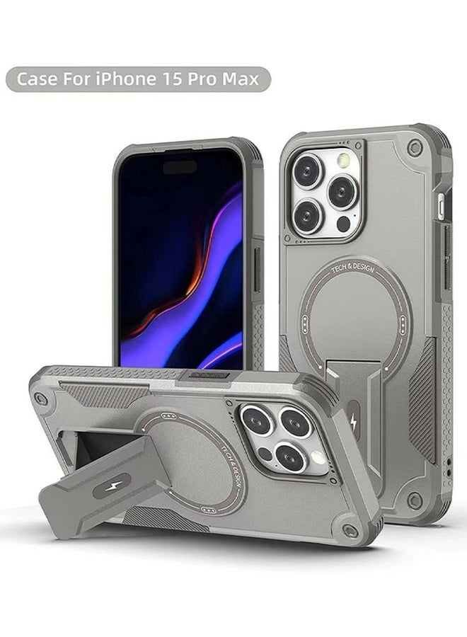 iPhone 15 Pro Max case，with built-in stand, compatible with MagSafe technology, featuring shock resistance, capable of installing vertical and horizontal support rods, suitable for phone cases  - Gray - Image 1