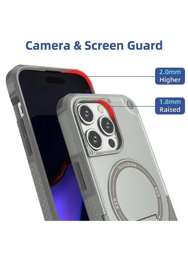 iPhone 15 Pro Max case，with built-in stand, compatible with MagSafe technology, featuring shock resistance, capable of installing vertical and horizontal support rods, suitable for phone cases  - Gray - Image 5