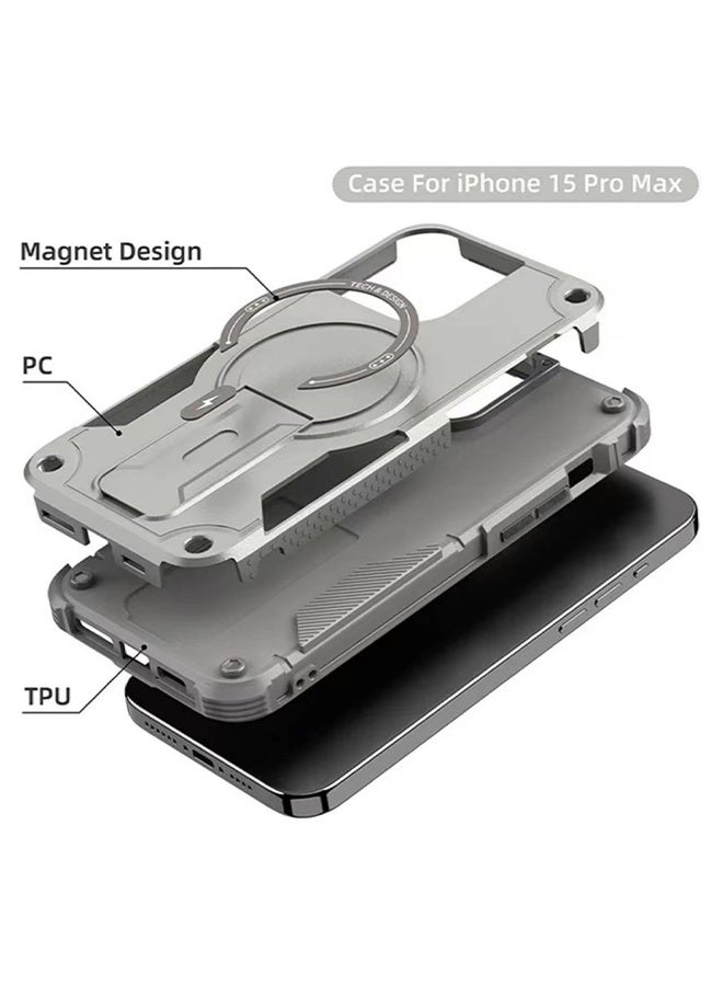 iPhone 15 Pro Max case，with built-in stand, compatible with MagSafe technology, featuring shock resistance, capable of installing vertical and horizontal support rods, suitable for phone cases  - Gray - Image 3