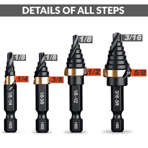 THINKWORK Spiral Flute Step Drill Bit Set, 4 Pcs Single Size Mini Portable HSS Step Bits (1/8"-5/8"), Small Size EDC Unibit with 1/4" Hex Shank Step Bits for Metal, Aluminum, Steel, Wood Plastic - Image 2