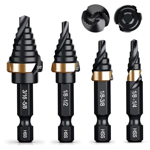 THINKWORK Spiral Flute Step Drill Bit Set, 4 Pcs Single Size Mini Portable HSS Step Bits (1/8"-5/8"), Small Size EDC Unibit with 1/4" Hex Shank Step Bits for Metal, Aluminum, Steel, Wood Plastic - Image 1