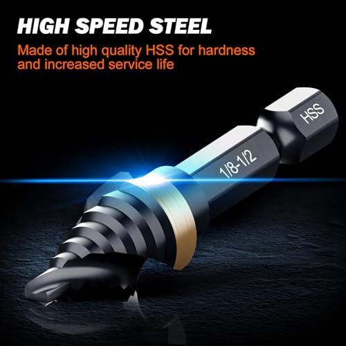 THINKWORK Spiral Flute Step Drill Bit Set, 4 Pcs Single Size Mini Portable HSS Step Bits (1/8"-5/8"), Small Size EDC Unibit with 1/4" Hex Shank Step Bits for Metal, Aluminum, Steel, Wood Plastic - Image 3