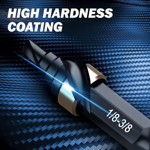 THINKWORK Spiral Flute Step Drill Bit Set, 4 Pcs Single Size Mini Portable HSS Step Bits (1/8"-5/8"), Small Size EDC Unibit with 1/4" Hex Shank Step Bits for Metal, Aluminum, Steel, Wood Plastic - Image 4