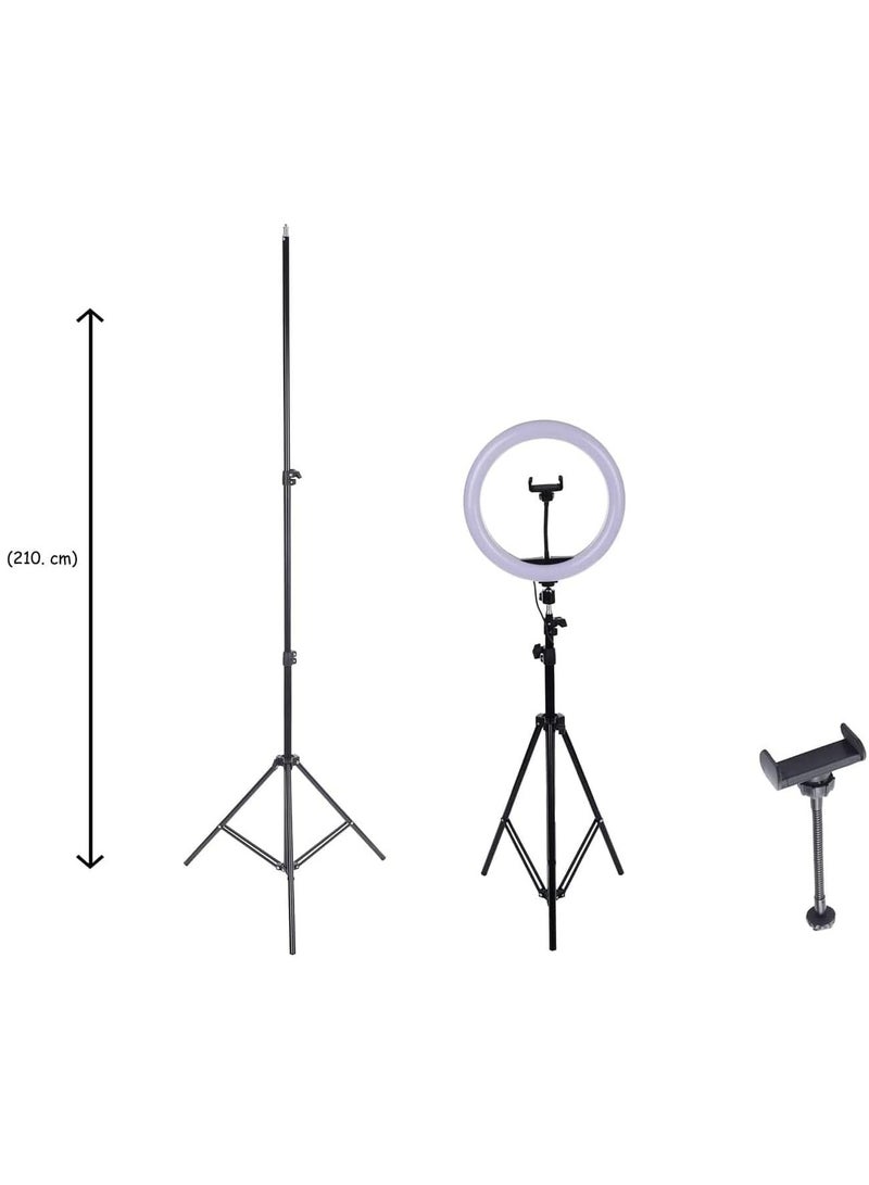M-33 Ring Light with 360° Rotation, 33cm Diameter, Mobile Holder & 2.1M Tripod Stand, for Live Streaming and Professional Photography - White & Black - Image 2