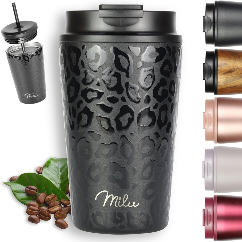 Milu Thermal Mug, 400 ml, 100% Leak-Proof, Stainless Steel Coffee Mug to Go, Insulated with Straw, Keeps Hot for 10 Hours/Cold for 20 Hours, BPA-Free (Black Leopard, 400 ml) - Image 1