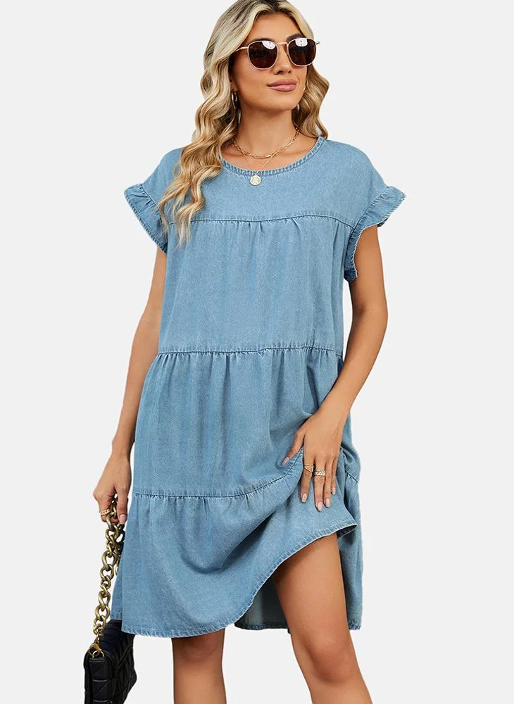 يونيكي Blue Fit & Flare Round Neck Plain Denim Dress