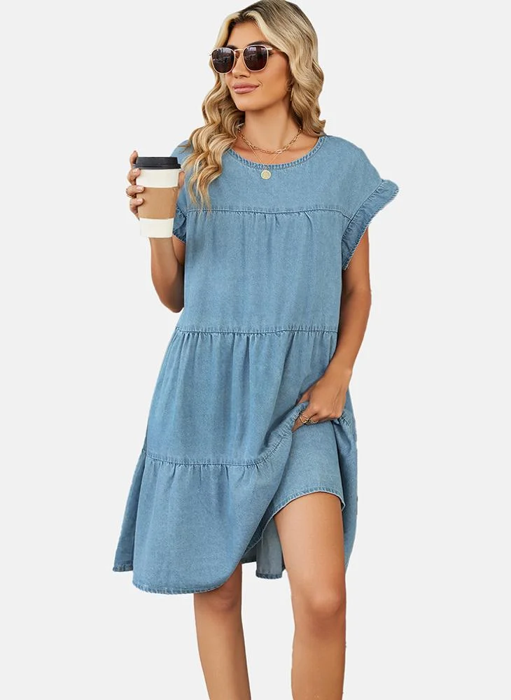 يونيكي Blue Fit & Flare Round Neck Plain Denim Dress