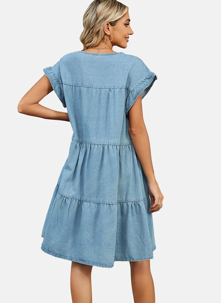 يونيكي Blue Fit & Flare Round Neck Plain Denim Dress